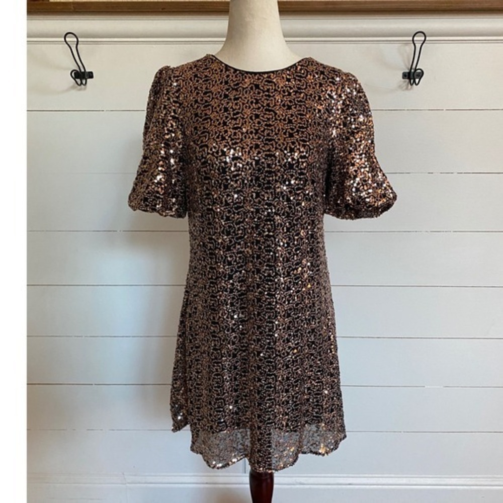 Eliza J Womens Bronze Black Sequin Puff Sleeve Shift Mini Dress Size 10 - Picture 9 of 9